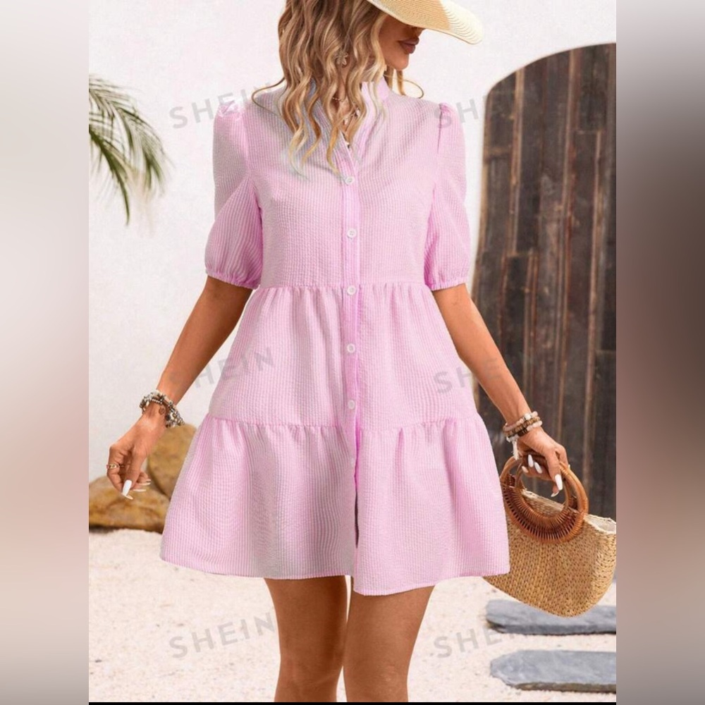 SHEIN VCAY Women Summer Striped Printed Notch V-Neck Short Bubble Sleeve Dress